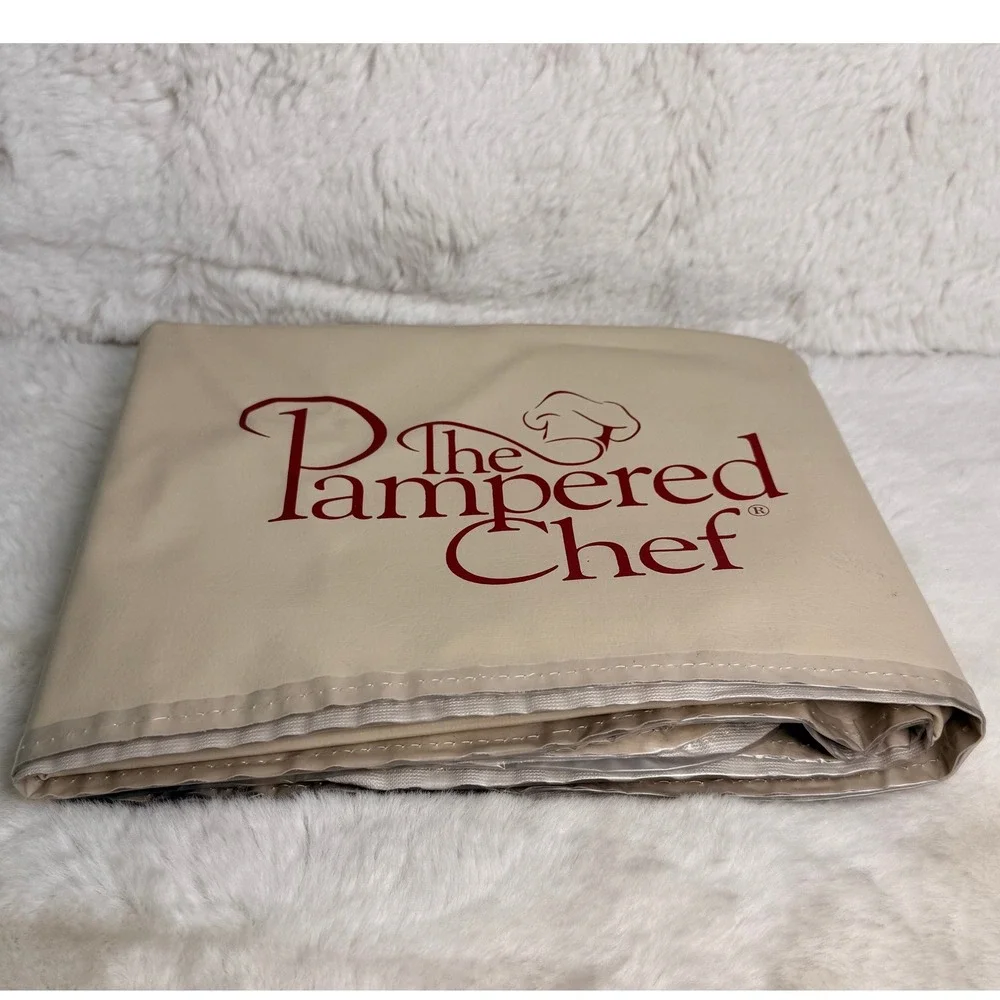 The Pampered Chef Square Tablecloth 52x52 Cream Red Logo Made in USA Vinyl